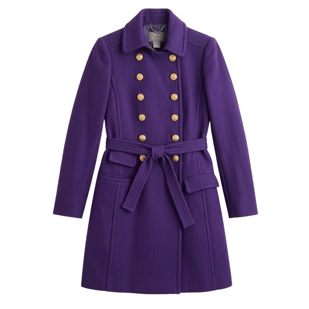 J.Crew Military Jacket 4 Purple Double Cloth Wool Gold Button Belted Preppy